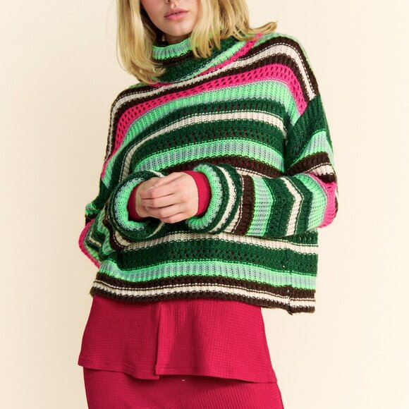 DAVI & DANI RETRO Colourful Striped Knit Turtleneck Sweater - Picture 9 of 10
